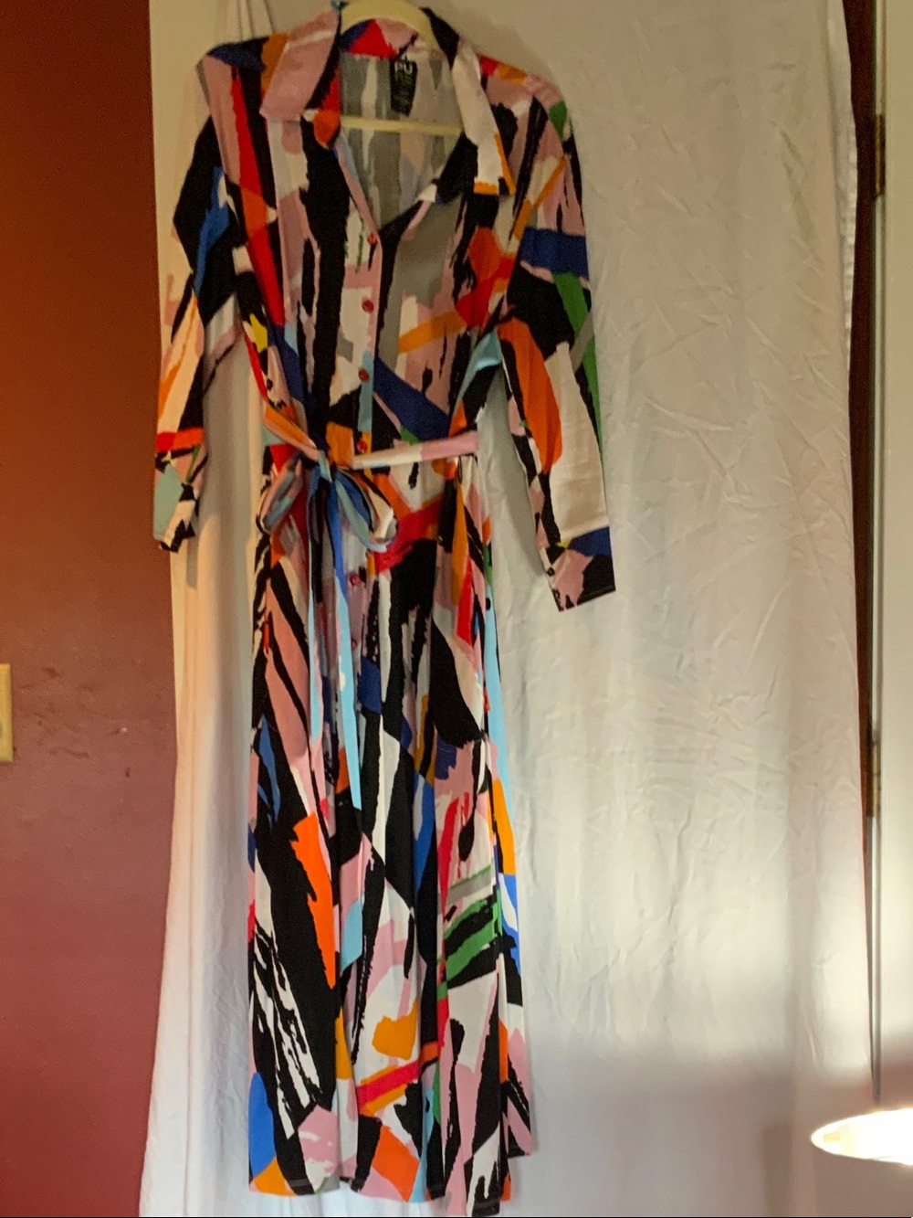 Abstract Multicolor Shirt Dress with Tie Belt